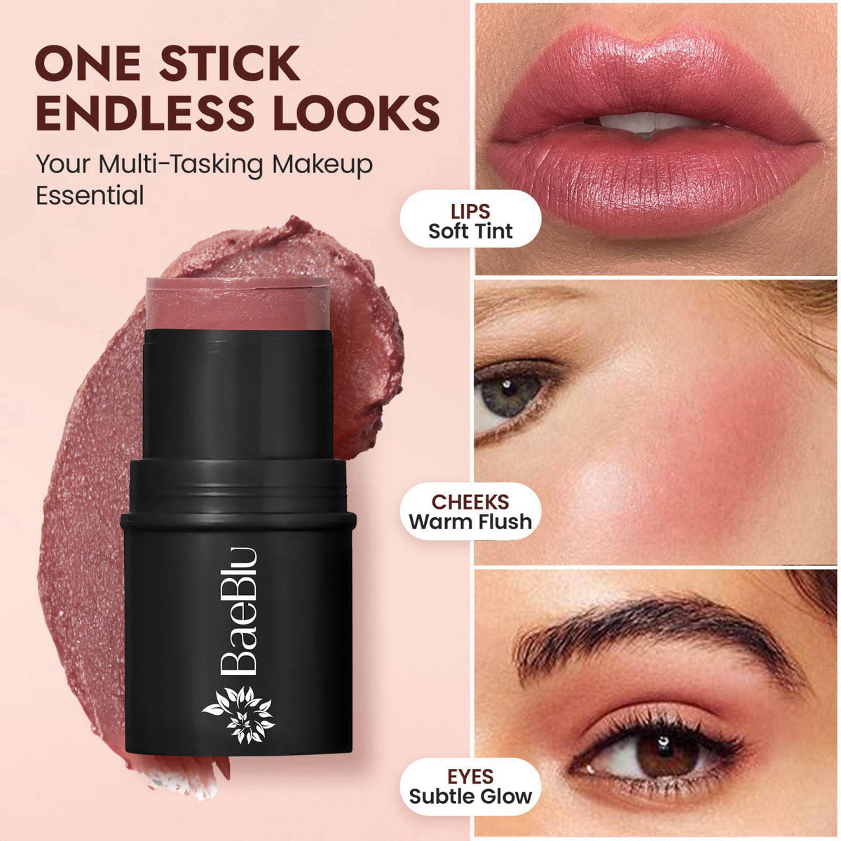 BaeBlu Organic Cream Blush Stick, 100% Natural, Made in USA, Cabernet – back view and specifications