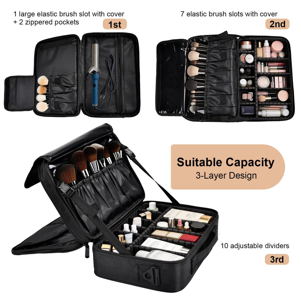 Greenfeather Travel Makeup Bag, Professional Cosmetic Train Case Organizer, Portable Travel Cosmetic Brush Bag Holder Ma
