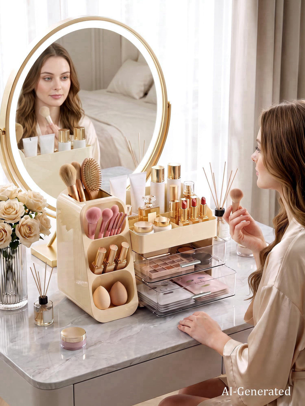 KQJS Large Makeup Organizer Countertop for Vanity Skincare Organizers Cream – close-up detail in Cream