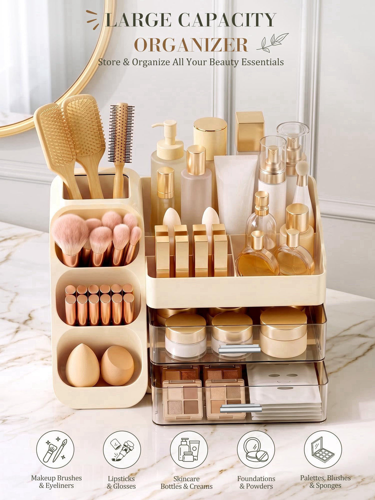 KQJS Large Makeup Organizer Countertop for Vanity Skincare Organizers Cream – back view and specifications