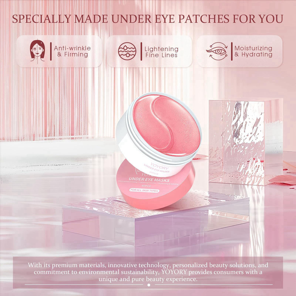 YOYORY Hydrogel Under Eye Patches with Caffeine & Collagen, 60 Pcs – back view and specifications