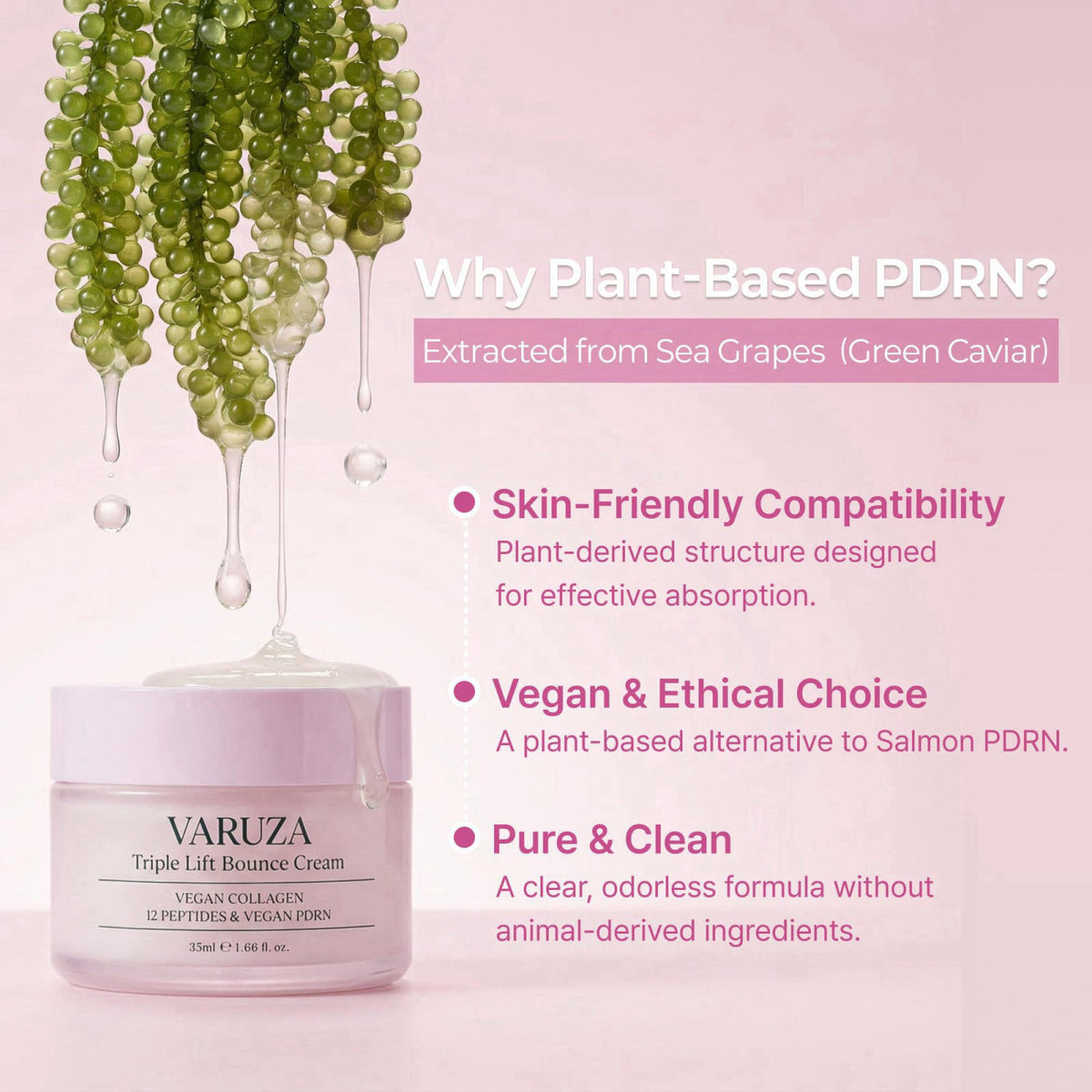 varuza Triple Lift Bounce Cream 55ml Vegan Collagen 12 Peptides Vegan PDRN 2ea – back view and specifications