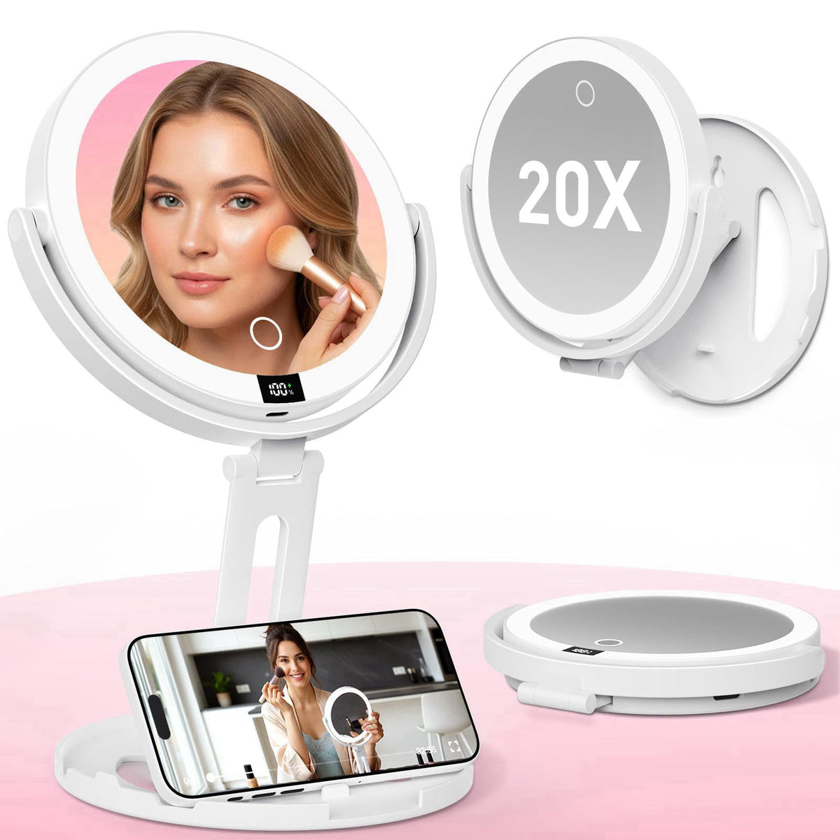 VEXOOX Foldable Travel Makeup Mirror with Light and Magnification, White – alternate angle