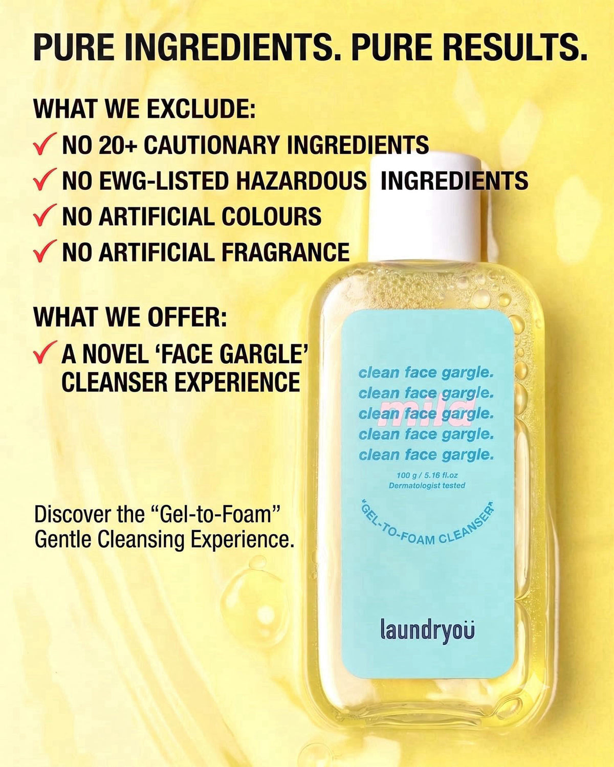 LAUNDRYOU Gel-to-Foam Facial Cleanser with PHA and Probiotic Ferment – back view and specifications