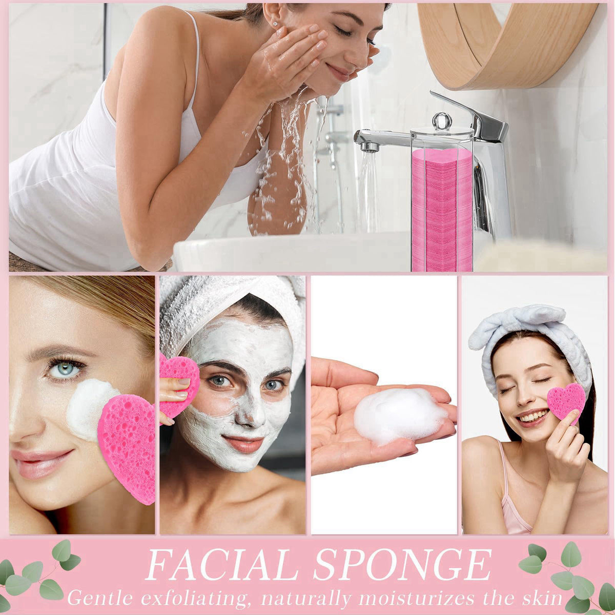 Sieral 120 Pcs Compressed Facial Sponges, Heart, Rose Red – full view