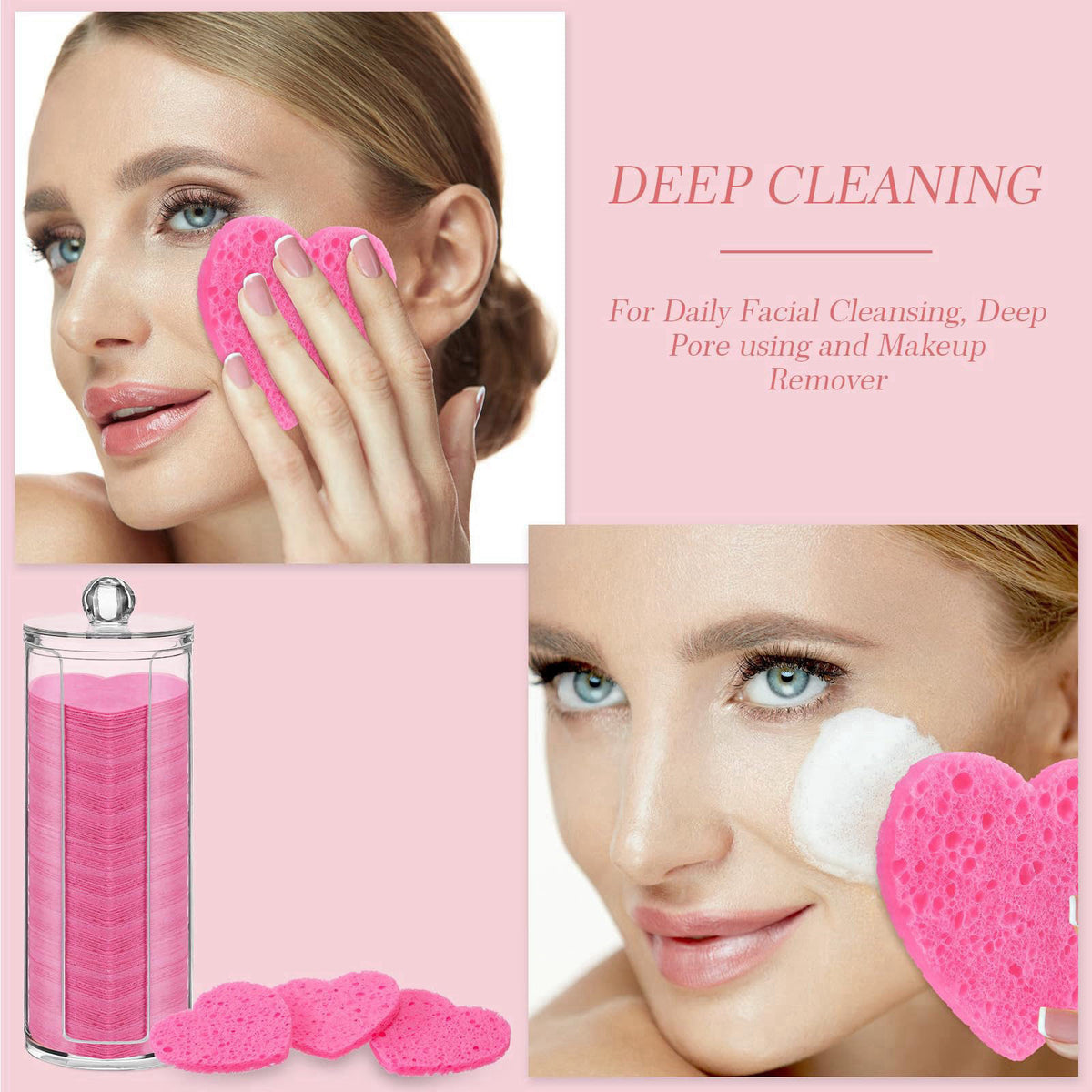 Sieral 120 Pcs Compressed Facial Sponges, Heart, Rose Red – back view and specifications