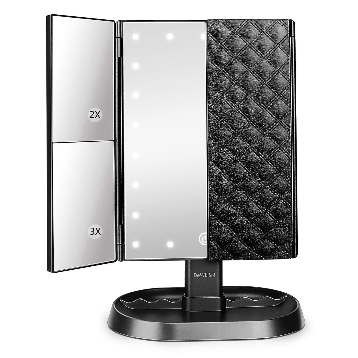deweisn Trifold Lighted Vanity Makeup Mirror with 21 LEDs Lights,1x/2x/3x Magnification and Touch Screen Dimming,Two Pow