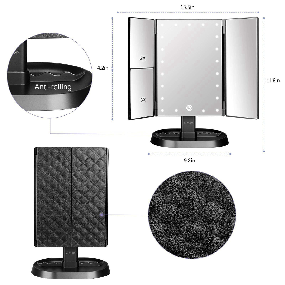deweisn Trifold Lighted Vanity Makeup Mirror with 21 LEDs Lights,1x/2x/3x Magnification and Touch Screen Dimming,Two Pow
