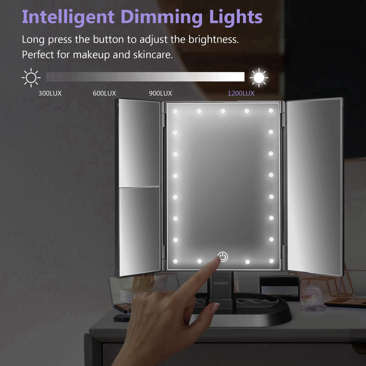 deweisn Trifold Lighted Vanity Makeup Mirror with 21 LEDs Lights,1x/2x/3x Magnification and Touch Screen Dimming,Two Pow