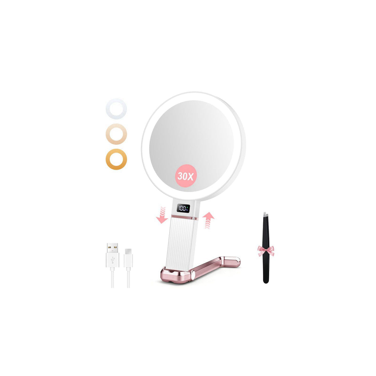 MIYADIVA Travel Makeup Mirror with Lights, Height Adjustable 30X/1X Double-Sided Magnifying Mirror, Portable Vanity Mirr