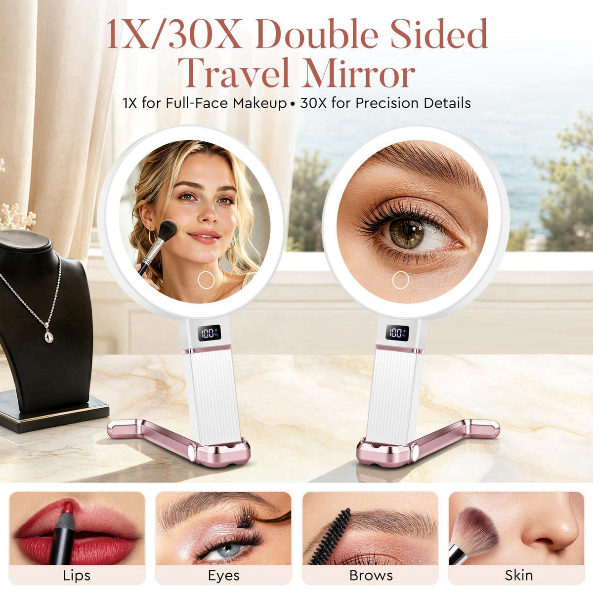 MIYADIVA Travel Makeup Mirror with Lights, Height Adjustable 30X/1X Double-Sided Magnifying Mirror, Portable Vanity Mirr