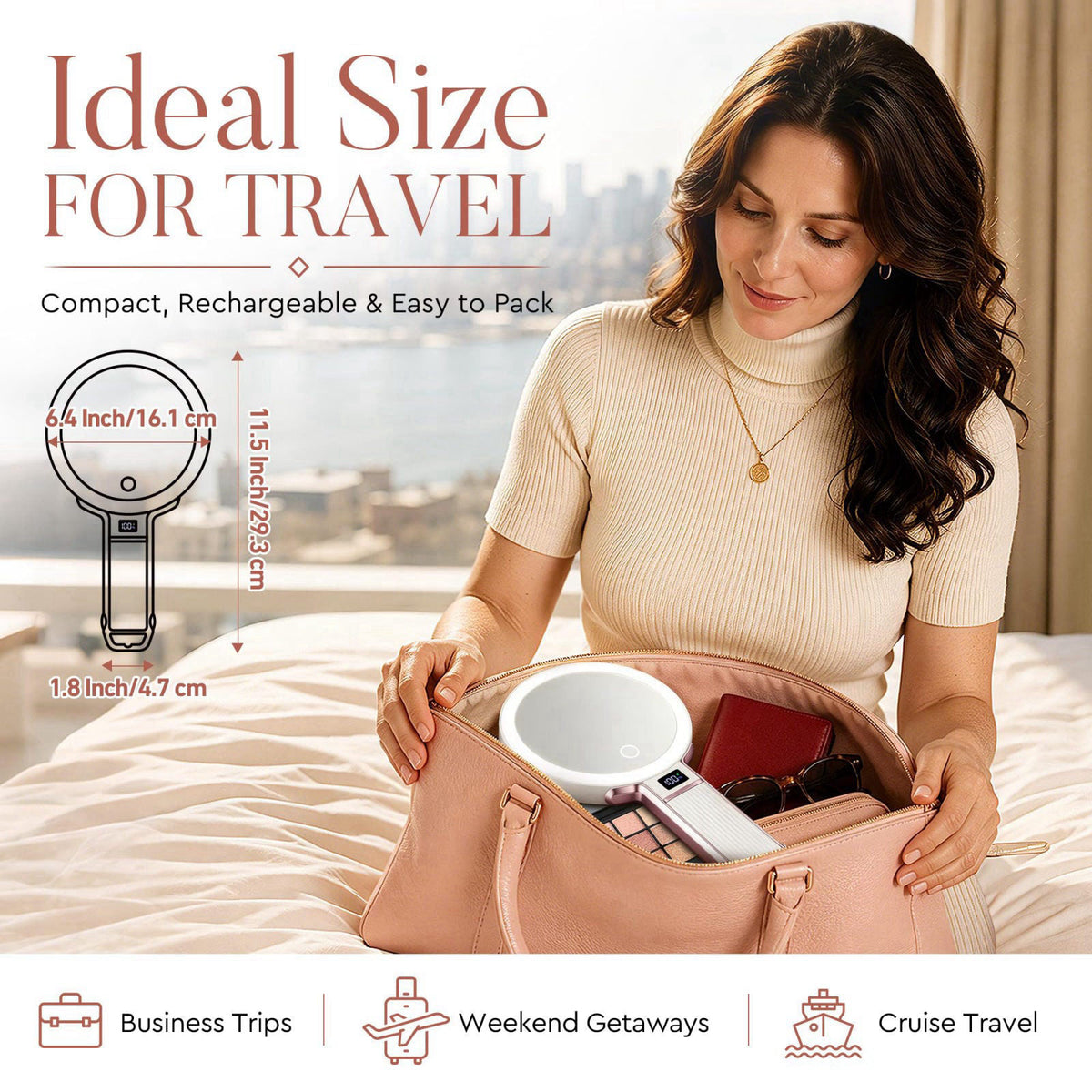 MIYADIVA Travel Makeup Mirror with Lights, Height Adjustable 30X/1X Double-Sided Magnifying Mirror, Portable Vanity Mirr