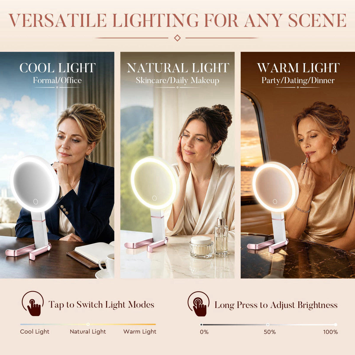 MIYADIVA Travel Makeup Mirror with Lights, Height Adjustable 30X/1X Double-Sided Magnifying Mirror, Portable Vanity Mirr