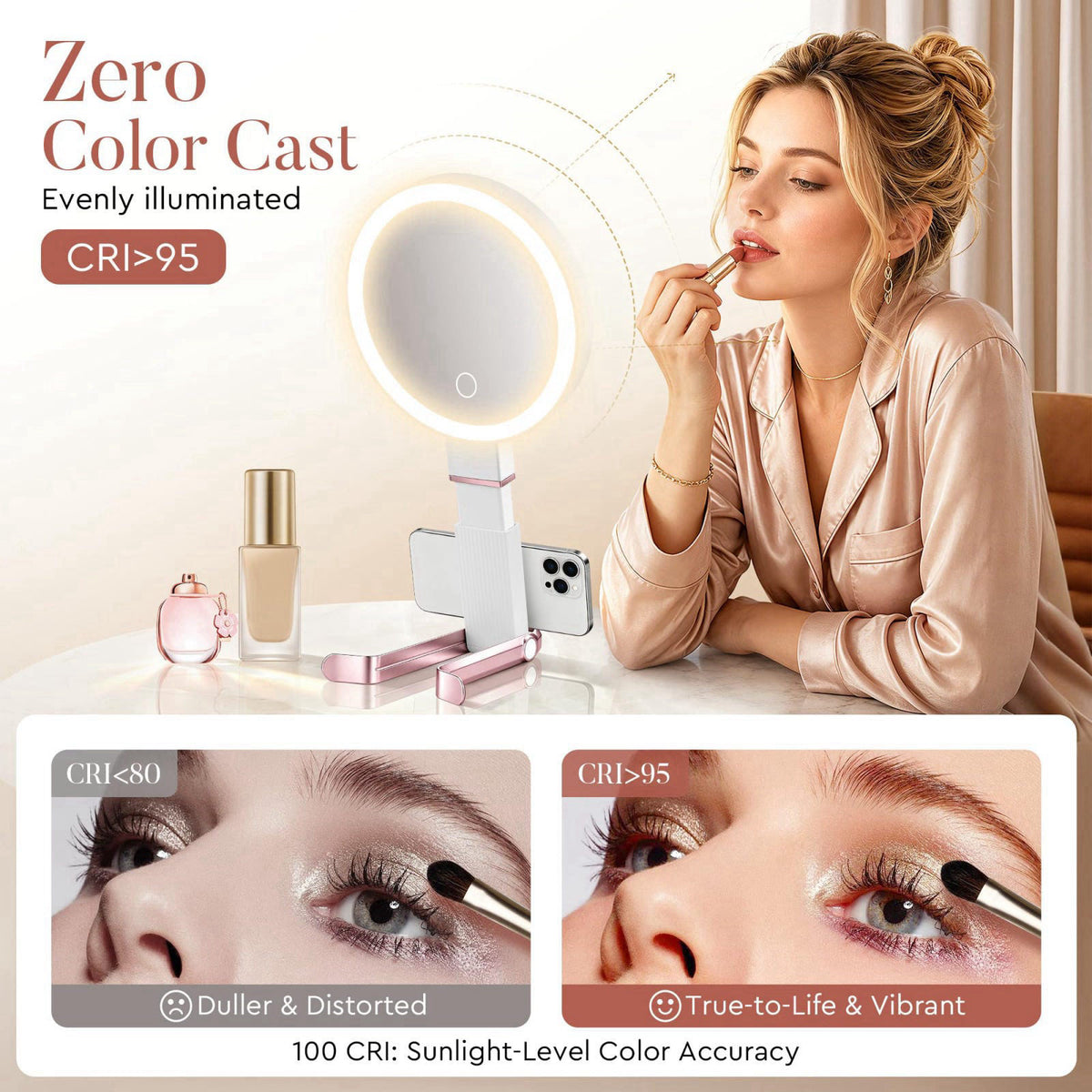 MIYADIVA Travel Makeup Mirror with Lights, Height Adjustable 30X/1X Double-Sided Magnifying Mirror, Portable Vanity Mirr