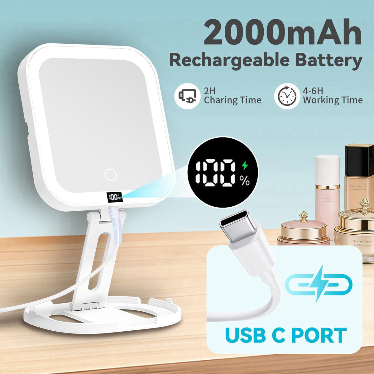 SANYCASA Travel Makeup Mirror with Lights 10X Magnifying Mirror with Battery Display – full view