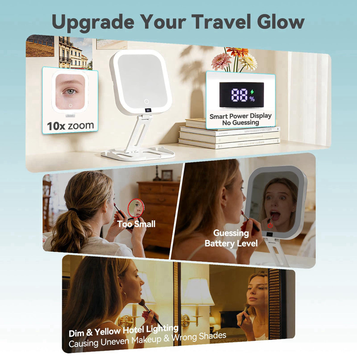 SANYCASA Travel Makeup Mirror with Lights 10X Magnifying Mirror with Battery Display – back view and specifications