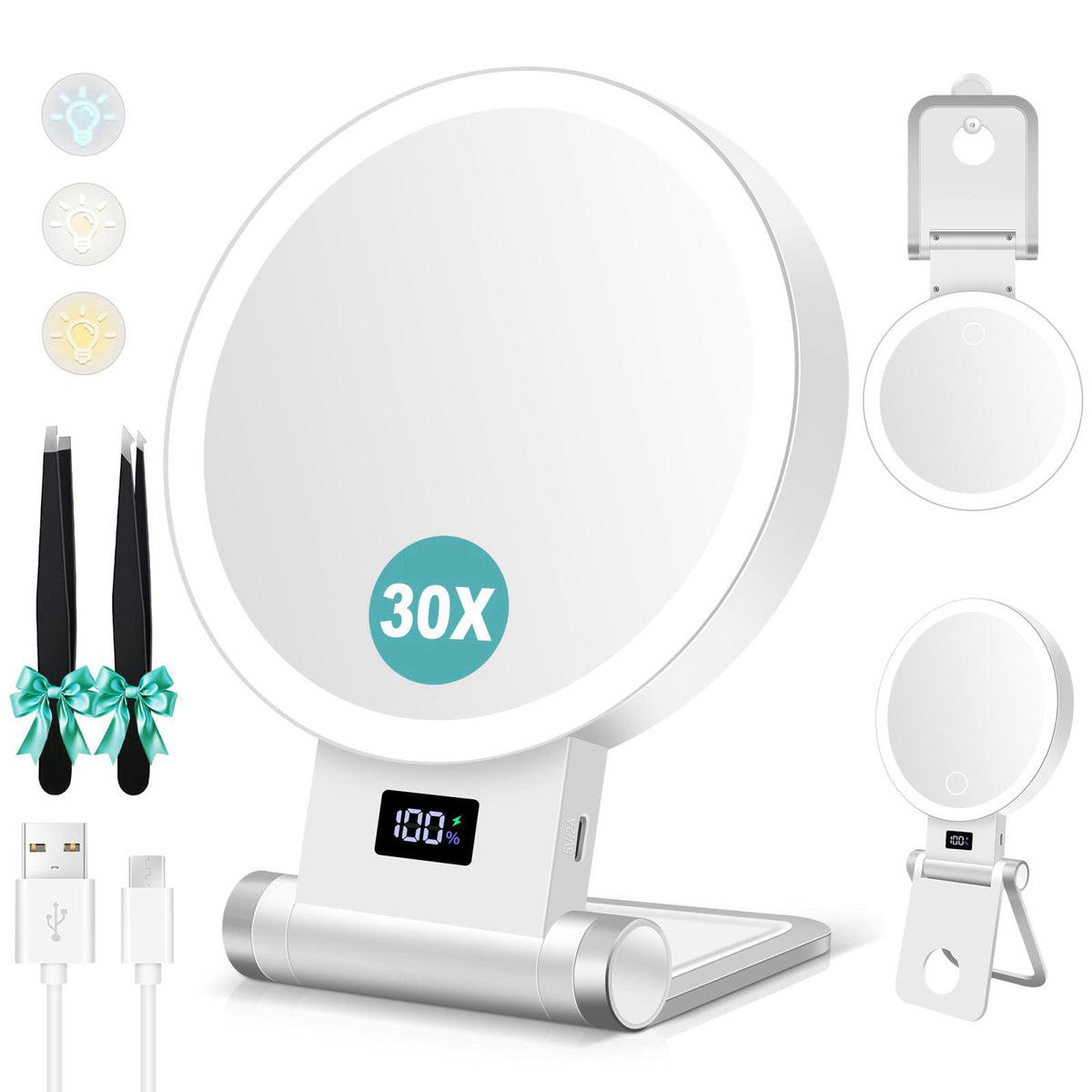 B Beauty Planet Magnifying Mirror with Light 30X, 2000mAh 1X/ 30X Magnifying Makeup Mirror with Standable Base & Tweezer