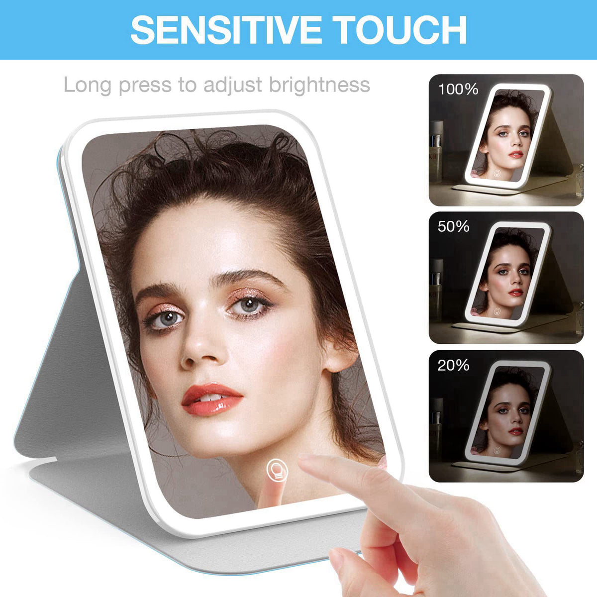 Kintion Travel Makeup Mirror, Portable LED Lighted Folding Mirror (Blue) – full view, size 8*5.4*0.55in(20.5*13.8*1.4cm)