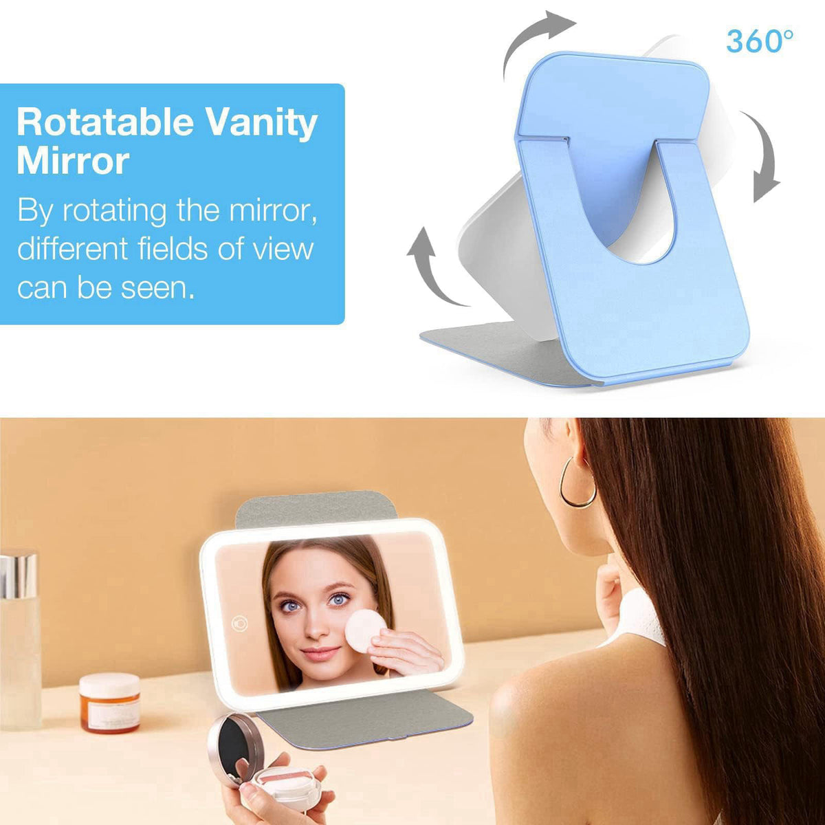 Kintion Travel Makeup Mirror, Portable LED Lighted Folding Mirror (Blue) – back view and specifications