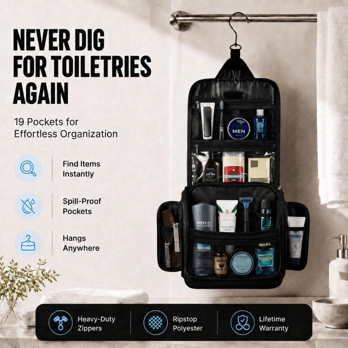 AvaJex Travel Toiletry Bag for Men - Large Dopp Kit (10.6"x10.6"x3.2") - Hanging Waterproof Mens Hygiene Org