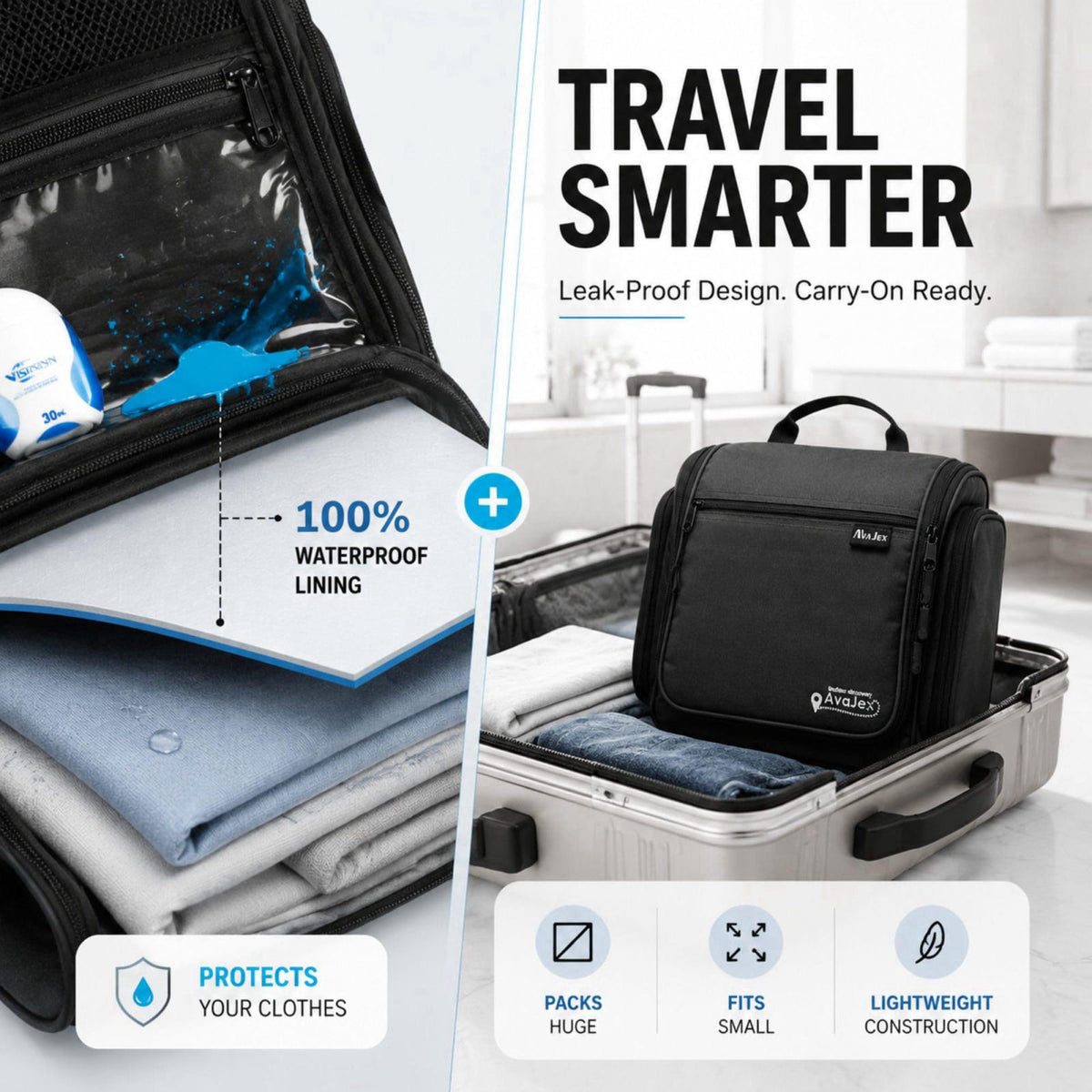 AvaJex Travel Toiletry Bag for Men - Large Dopp Kit (10.6"x10.6"x3.2") - Hanging Waterproof Mens Hygiene Org
