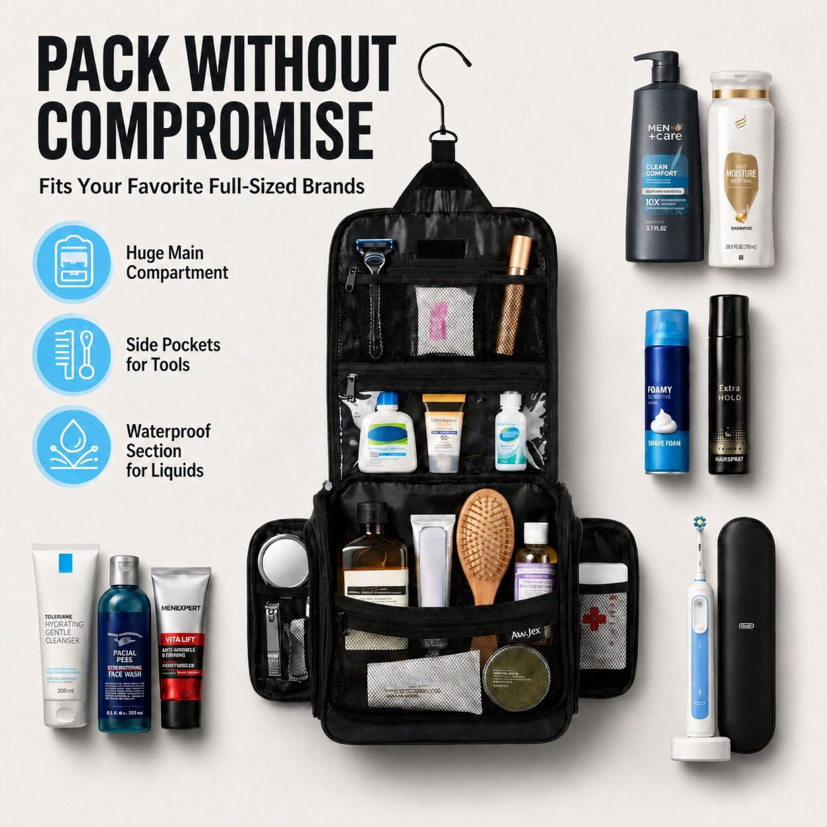 AvaJex Travel Toiletry Bag for Men - Large Dopp Kit (10.6"x10.6"x3.2") - Hanging Waterproof Mens Hygiene Org