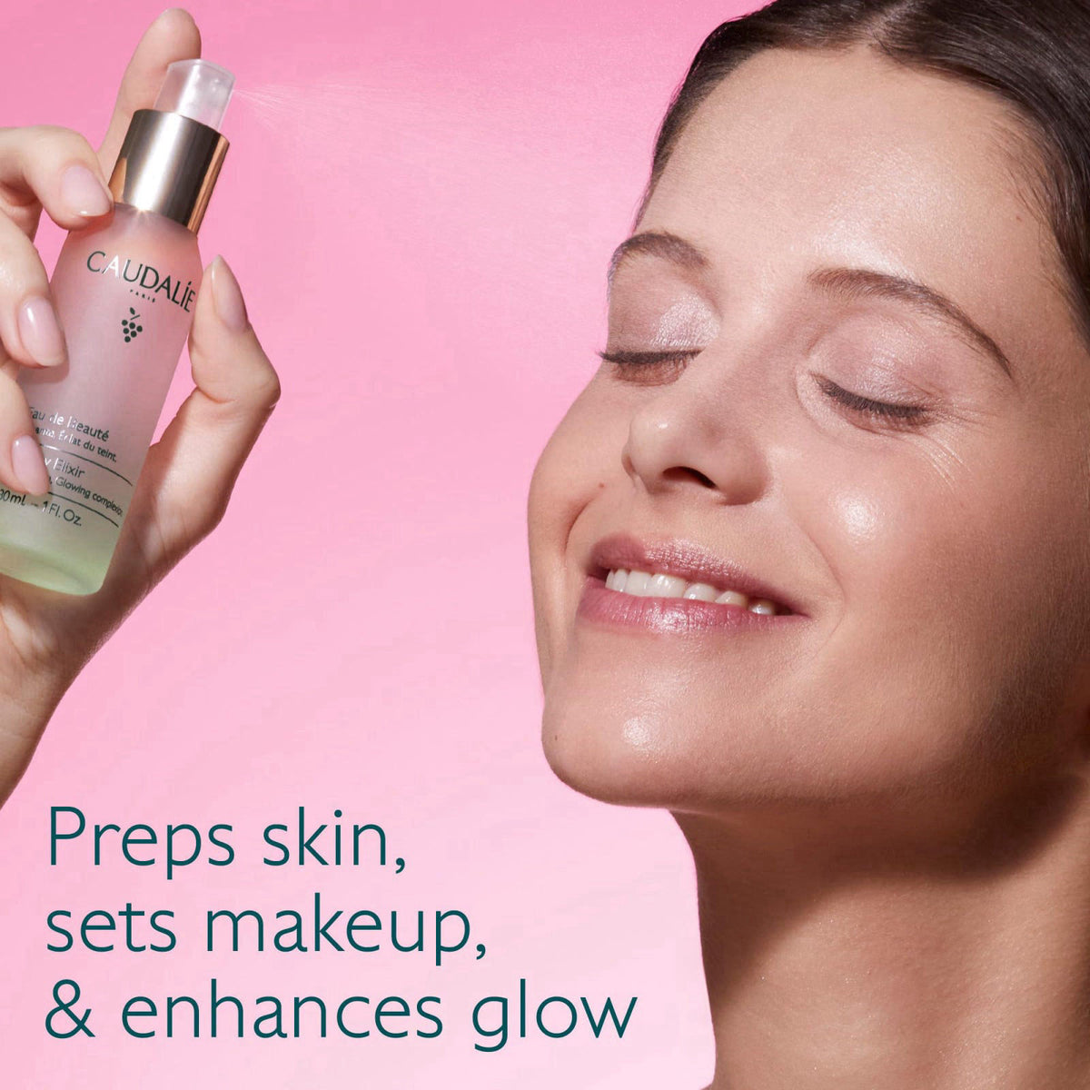 Caudalie Beauty Elixir Prep, Set Makeup, Glow Face Mist – close-up detail