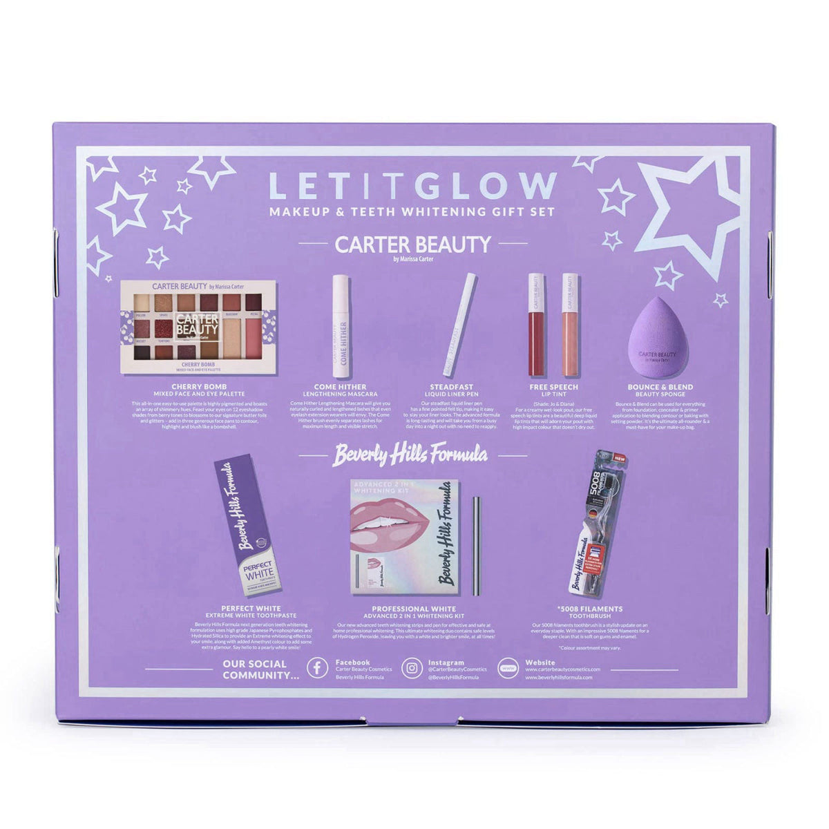 Carter Beauty Let It Glow Make Up and Teeth Whitening Set for Women 10 Pc – packaging and label