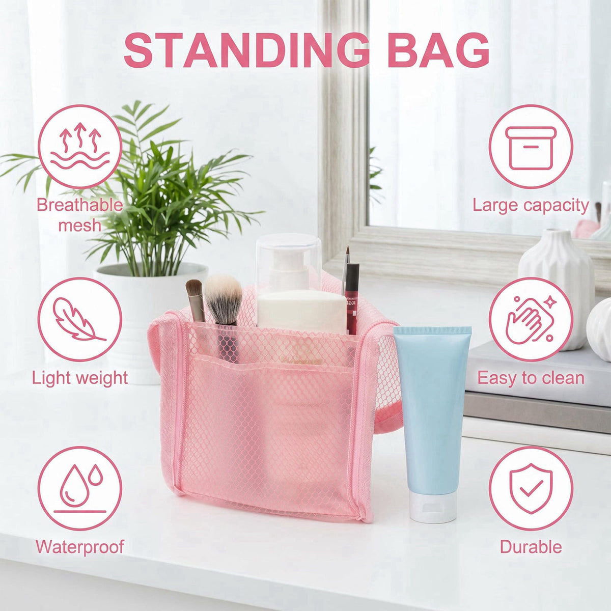 ROVLET Standing Toiletry Bag, larger Portable Foldable Hanging Travel Organizer – full view