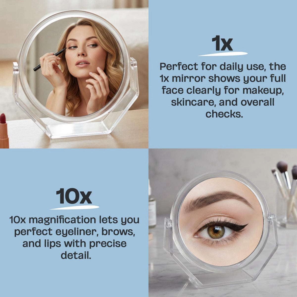 DC DANIELLE Danielle Creations Round Acrylic Vanity Mirror, Clear 1x/10x Magnifying Makeup Mirror with Soft Touch Stand,