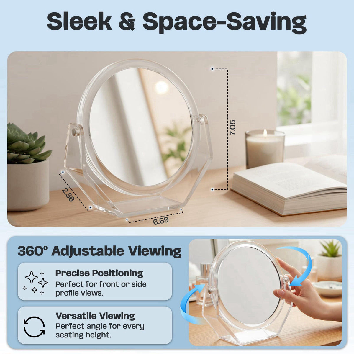 DC DANIELLE Danielle Creations Round Acrylic Vanity Mirror, Clear 1x/10x Magnifying Makeup Mirror with Soft Touch Stand,
