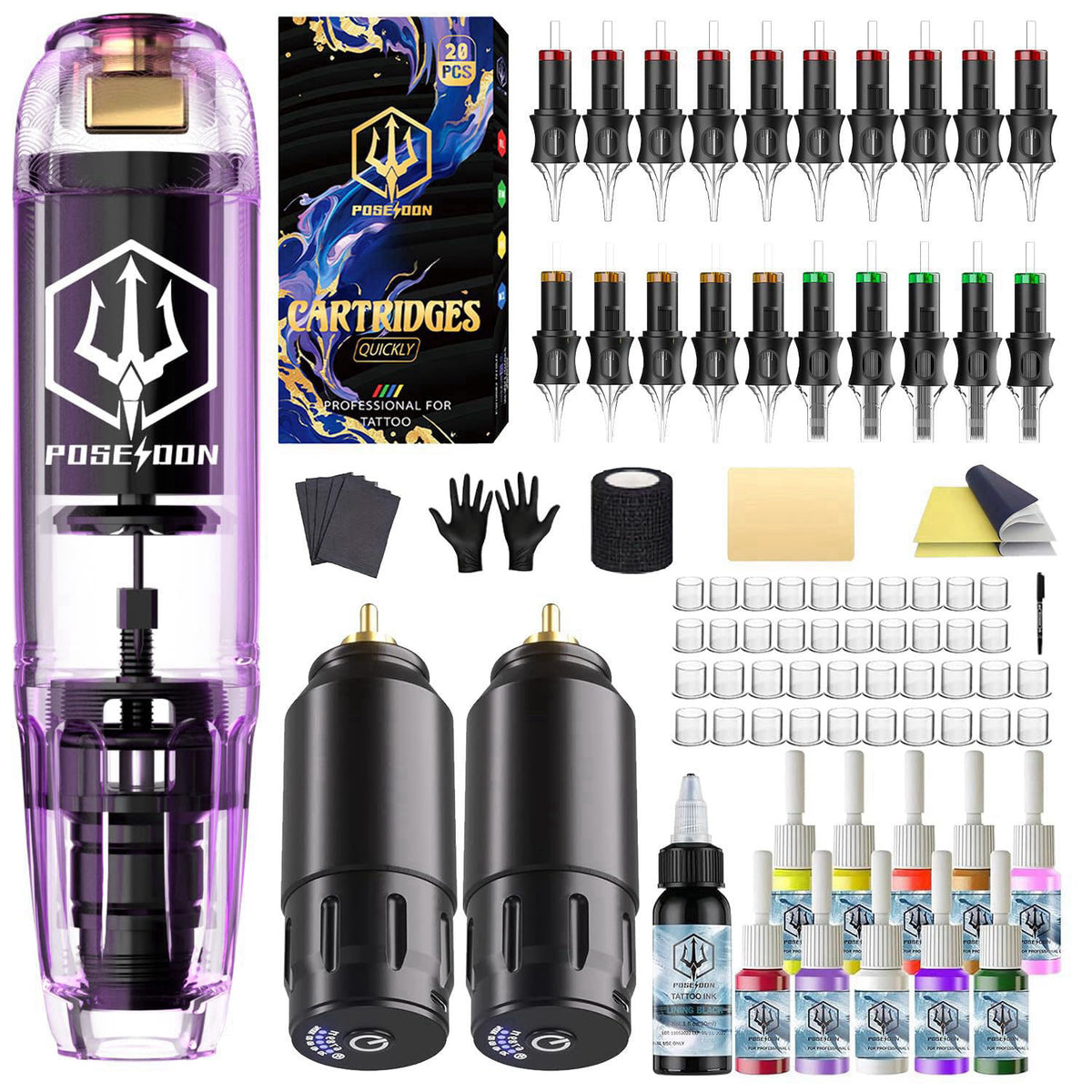 POSEIDON Wireless Tattoo Gun Kit with 2 Batteries for Beginners & Artists – close-up detail in Purple