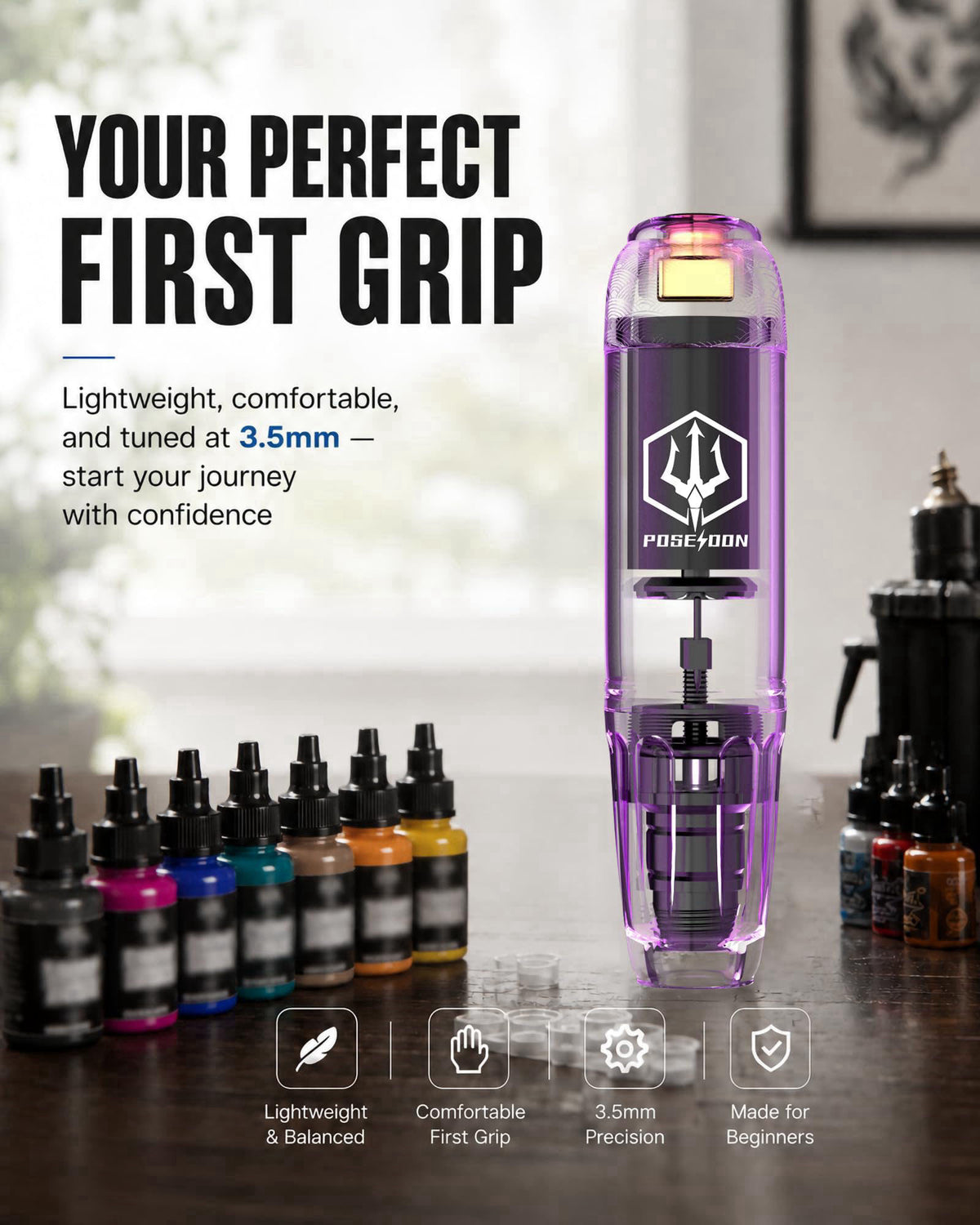 POSEIDON Wireless Tattoo Gun Kit with 2 Batteries for Beginners & Artists – packaging and label