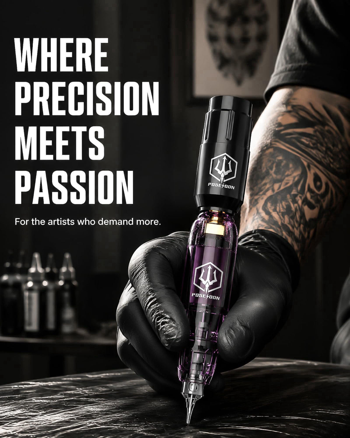 POSEIDON Wireless Tattoo Gun Kit with 2 Batteries for Beginners & Artists – back view and specifications