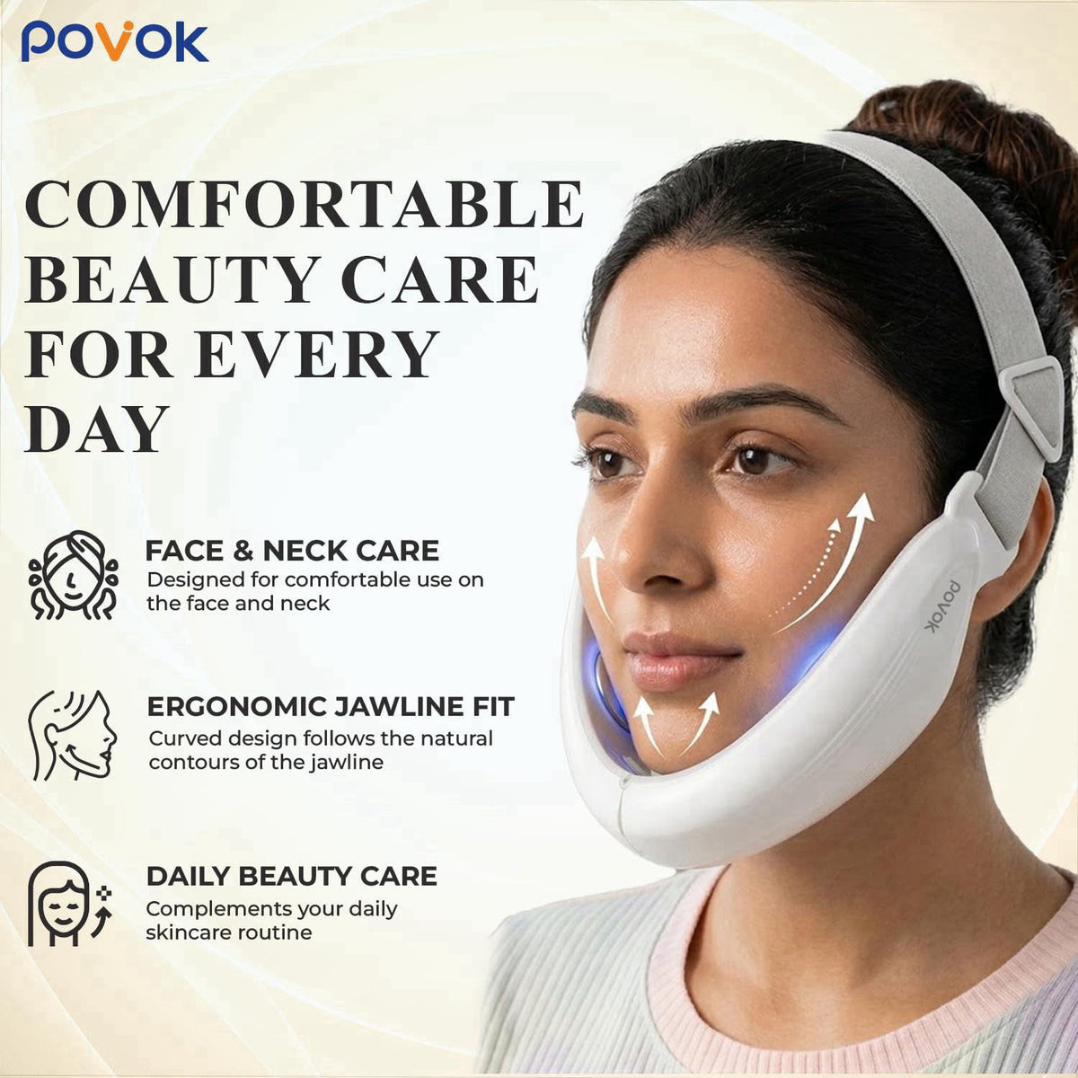 POVOK V Face Beauty Device with Adjustable Elastic Strap, White – close-up detail