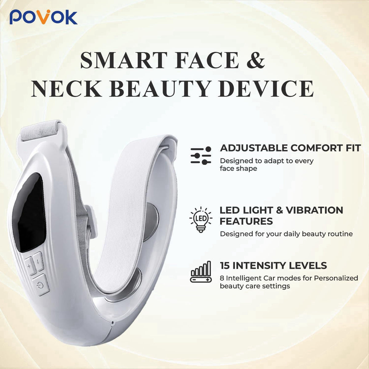 POVOK V Face Beauty Device with Adjustable Elastic Strap, White – packaging and label