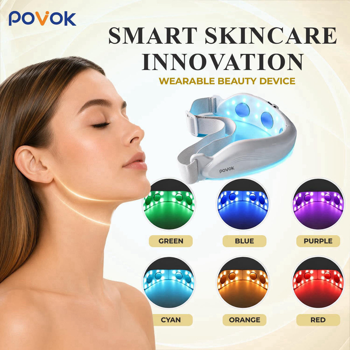 POVOK V Face Beauty Device with Adjustable Elastic Strap, White – full view