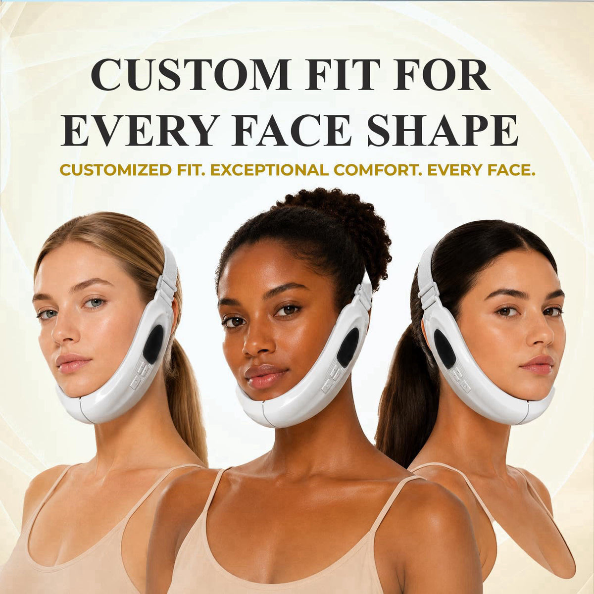 POVOK V Face Beauty Device with Adjustable Elastic Strap, White – back view and specifications