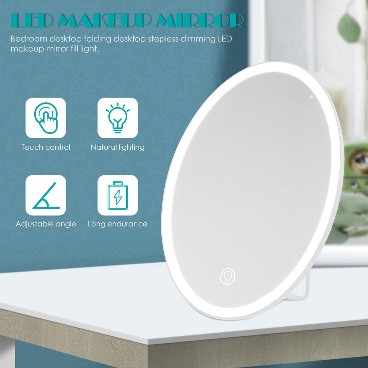 Baluue USB Rechargeable LED Makeup Mirror with Touch Control for Desk – back view and specifications