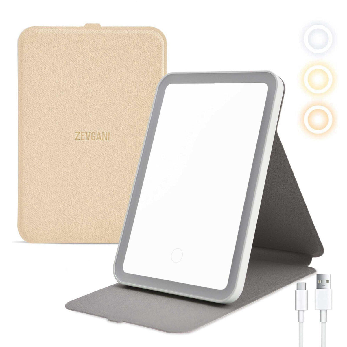 ZEVGANI Travel Lighted Makeup Mirror, 3-Color Dimmable LED Lighting, USB Rechargeable Light up Portable Tabletop Folding