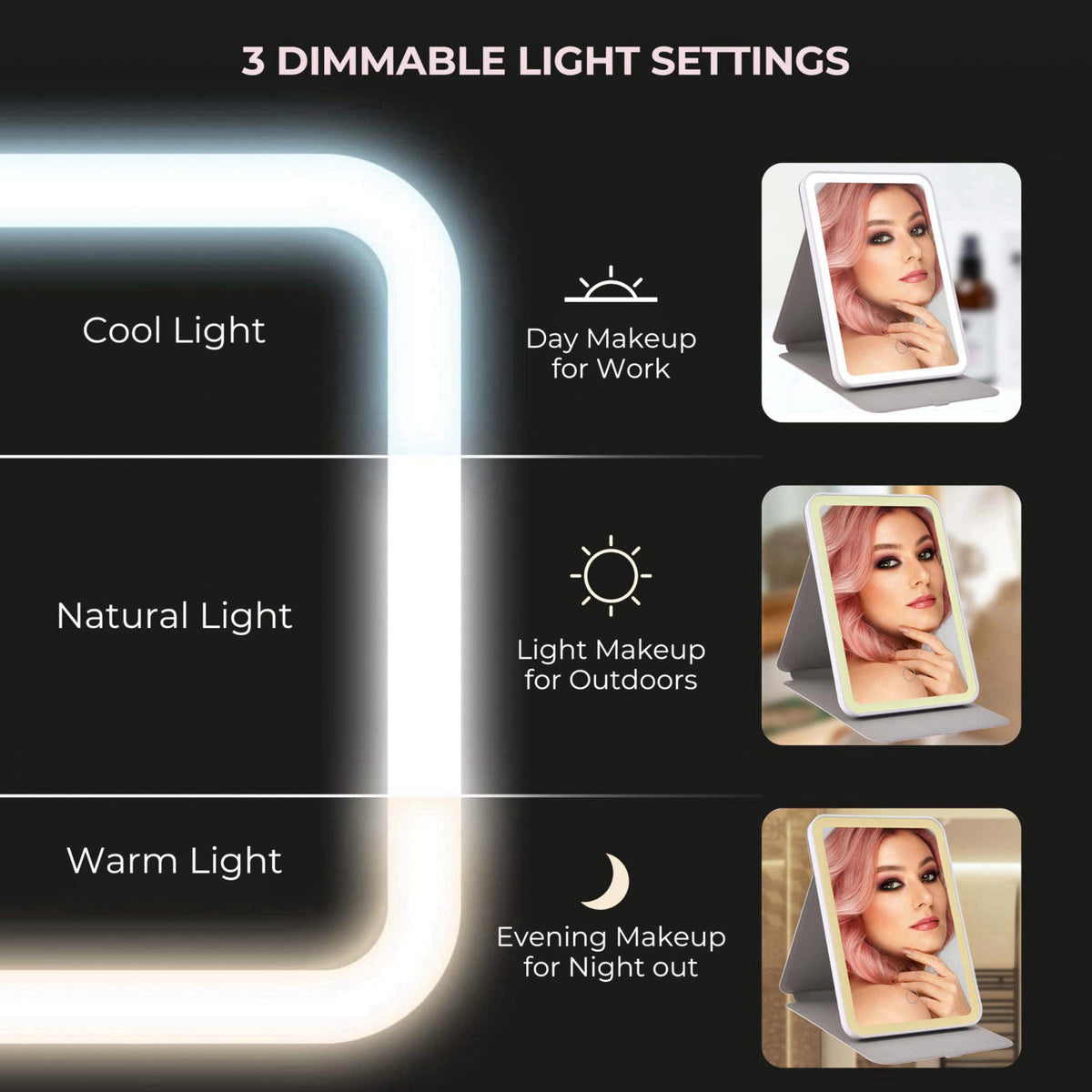 ZEVGANI Travel Lighted Makeup Mirror, 3-Color Dimmable LED Lighting, USB Rechargeable Light up Portable Tabletop Folding