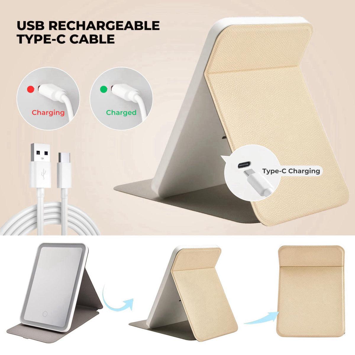 ZEVGANI Travel Lighted Makeup Mirror, 3-Color Dimmable LED Lighting, USB Rechargeable Light up Portable Tabletop Folding