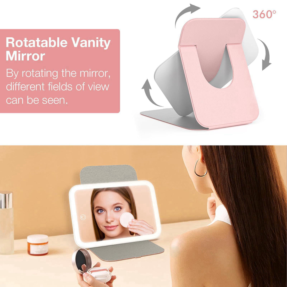 Kintion Travel Makeup Mirror, Portable LED Lighted Makeup Mirror, 360° Rotation Touch Screen Vanity Mirror, 60 LEDs, 3-C