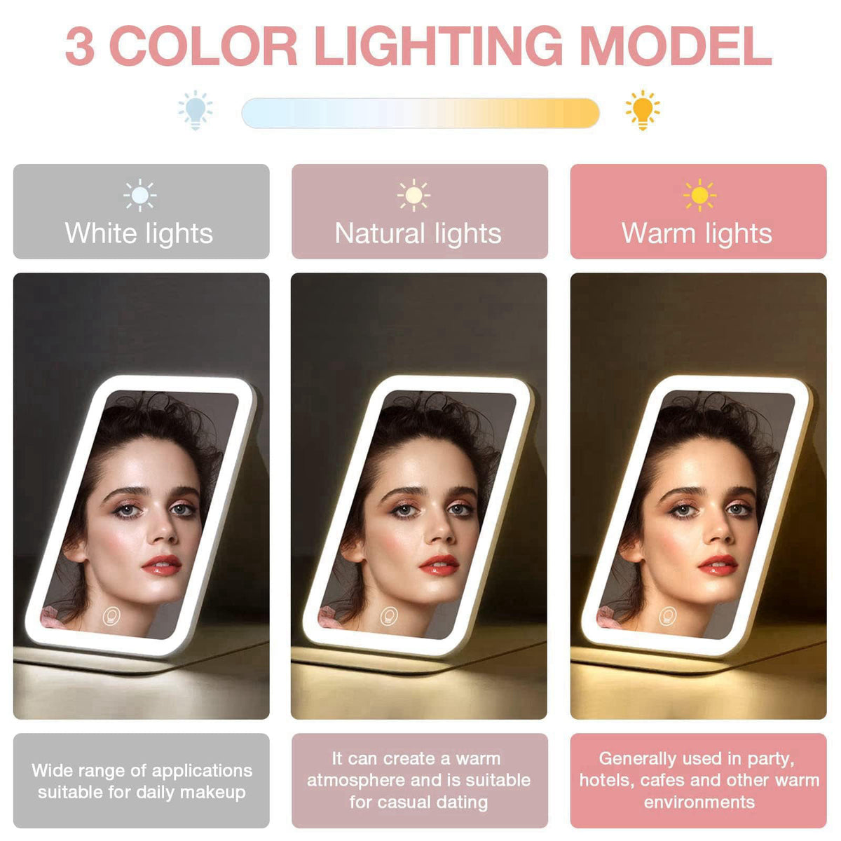 Kintion Travel Makeup Mirror, Portable LED Lighted Makeup Mirror, 360° Rotation Touch Screen Vanity Mirror, 60 LEDs, 3-C
