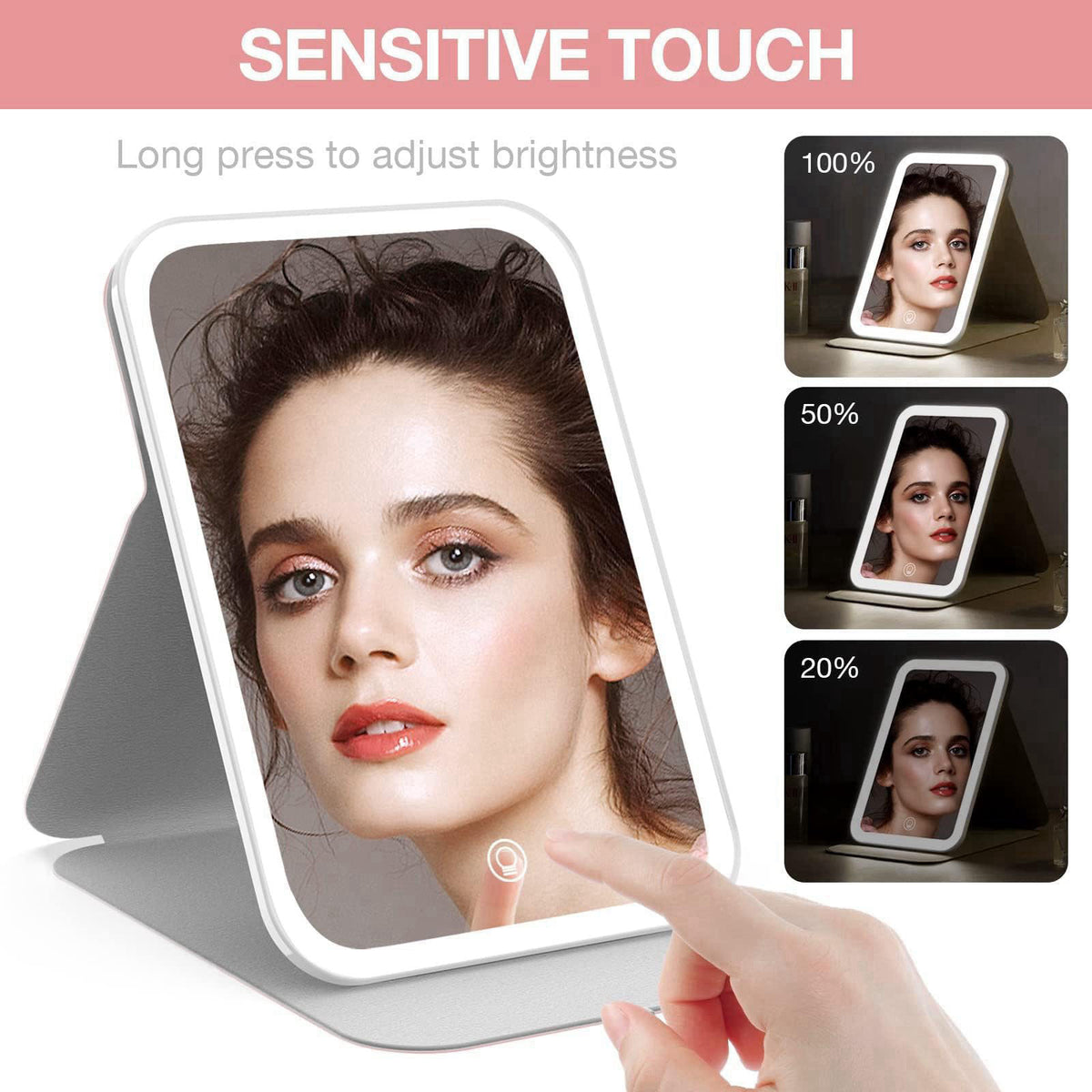 Kintion Travel Makeup Mirror, Portable LED Lighted Makeup Mirror, 360° Rotation Touch Screen Vanity Mirror, 60 LEDs, 3-C