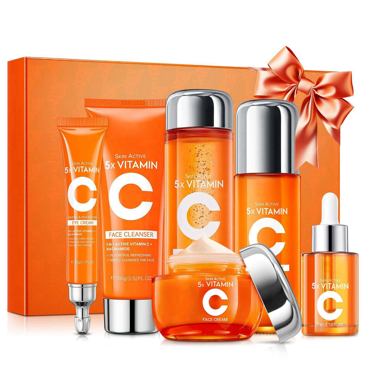KIUORET Vitamin C Skin Care Set for Women - 6PCS Skincare Gift Set With Facial Cleanser, Toner, Eye Cream, Serum, Lotion