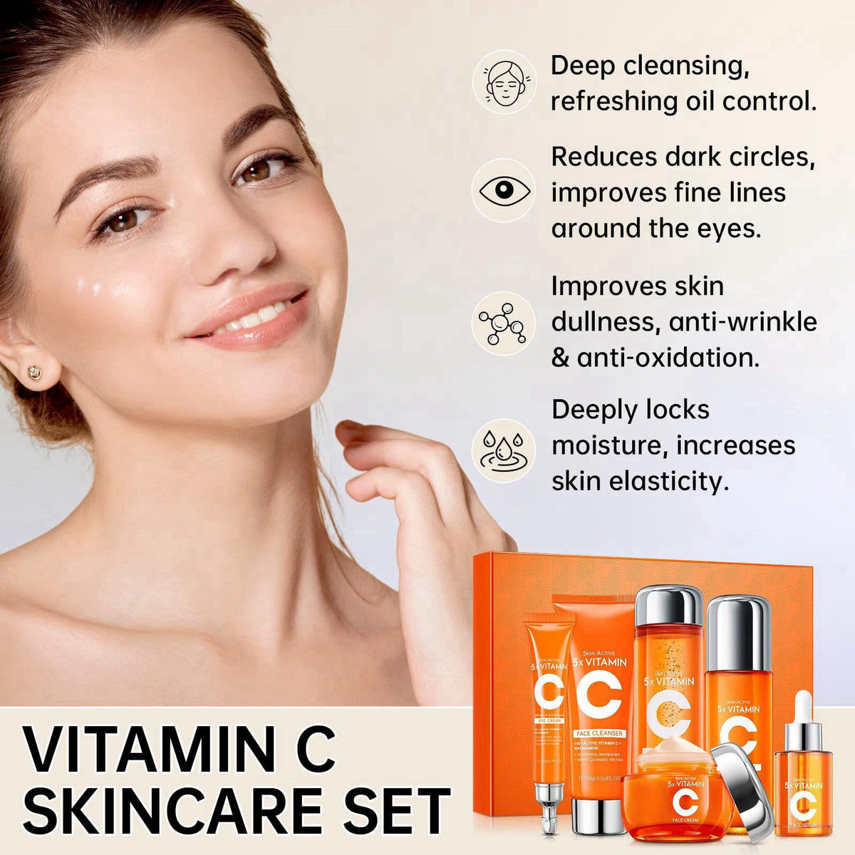 KIUORET Vitamin C Skin Care Set for Women - 6PCS Skincare Gift Set With Facial Cleanser, Toner, Eye Cream, Serum, Lotion