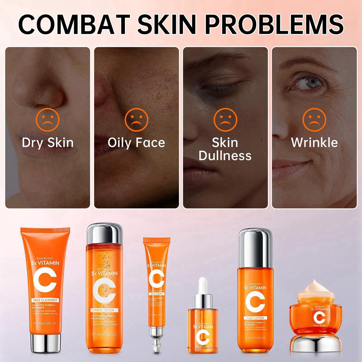 KIUORET Vitamin C Skin Care Set for Women - 6PCS Skincare Gift Set With Facial Cleanser, Toner, Eye Cream, Serum, Lotion