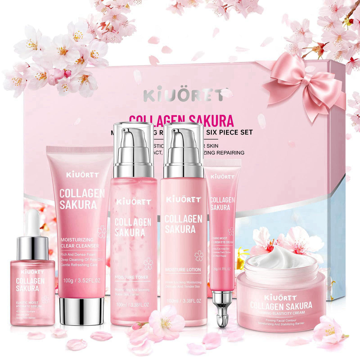 KIUORET Sakura Skin Care Set - 6 PCS Cherry Blossom Skin Care Kit with Cleanser, Toner, Serum, Lotion, Eye Cream & Face 