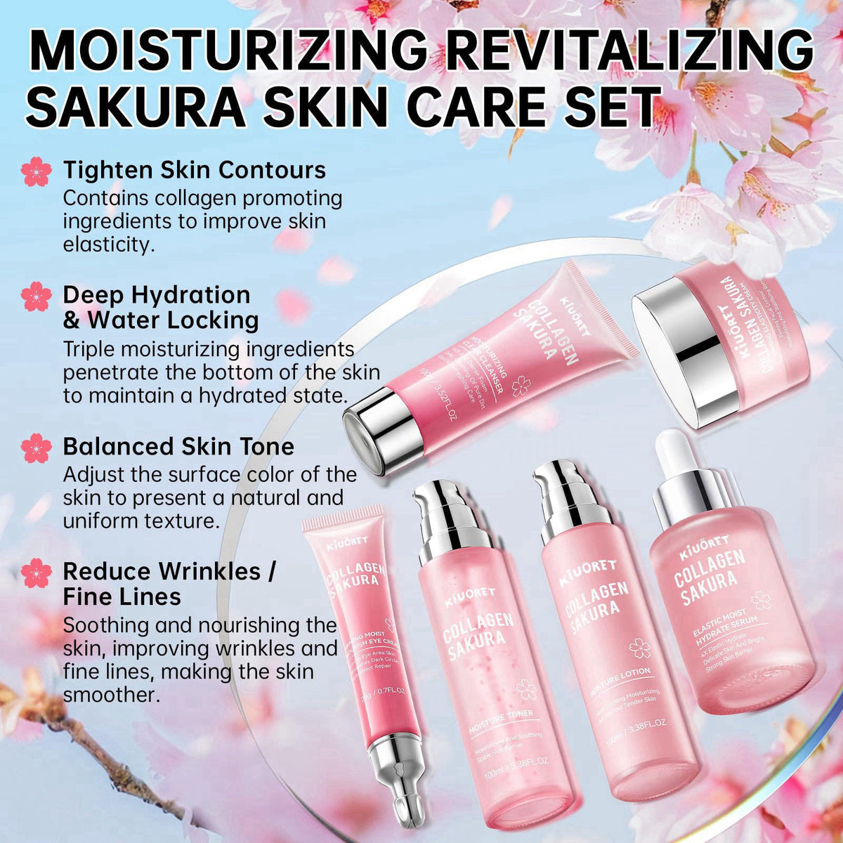 KIUORET Sakura Skin Care Set - 6 PCS Cherry Blossom Skin Care Kit with Cleanser, Toner, Serum, Lotion, Eye Cream & Face 